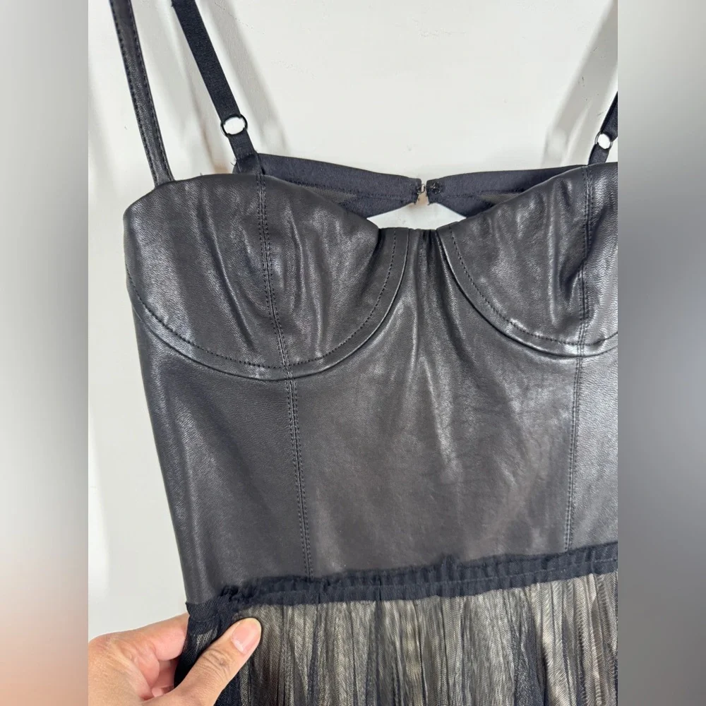 Alice + Olivia Leather Tulle Dress Black Fit Flare Party Mini Size 6 Dark Goth - Picture 5 of 15